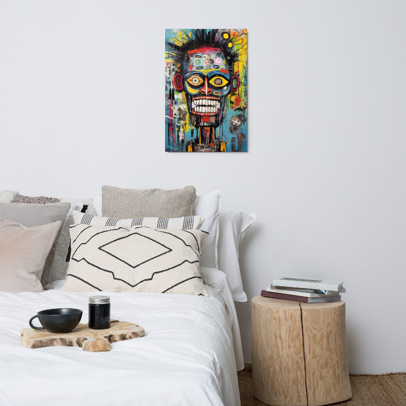 "Tribal Grin" glossy metal poster 20"x30" above bed in a modern bedroom, edgy graffiti skull/tribal mask wall decor with bright teal-blue palette, yellow/orange highlights, and urban drip-paint accents, by GiveMeMood