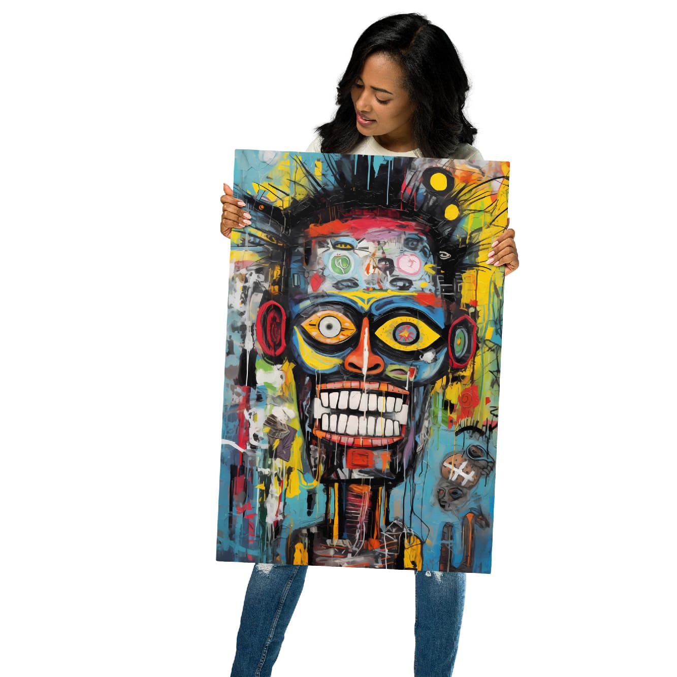 "Tribal Grin" glossy metal poster 20"x30" held by model, oversized abstract graffiti skull wall art with colorful tribal mask design, bright blue/teal background, yellow accents, and expressive dripping paint textures, by GiveMeMood