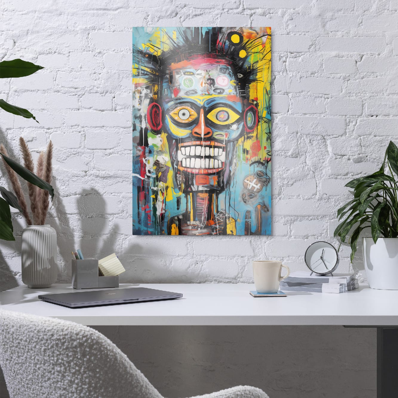 "Tribal Grin" glossy metal poster 20"x30" in a home office above desk on white brick wall, modern metal wall print with abstract street-art skull face, layered graffiti marks, bold color blocks, and dripping paint details, by GiveMeMood
