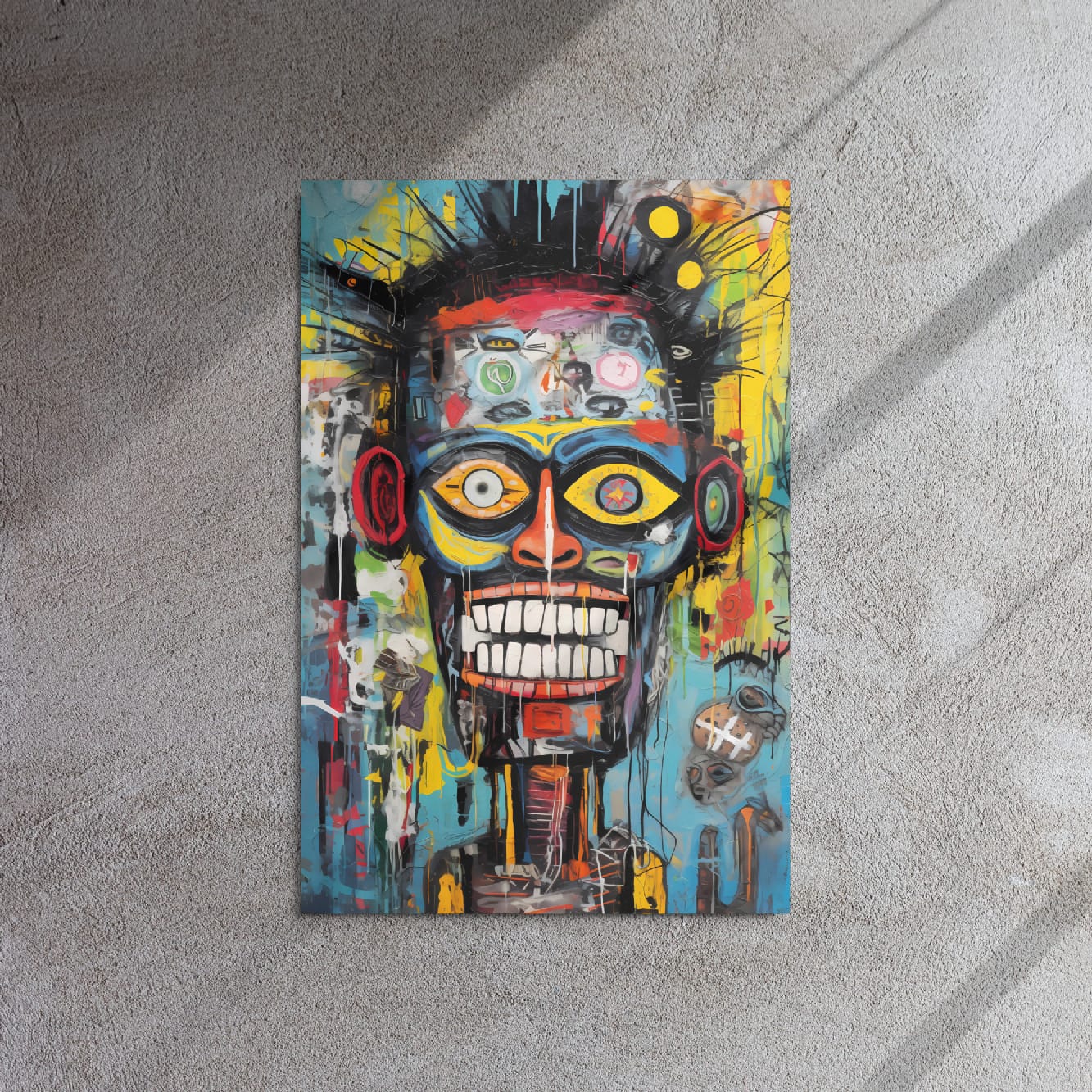 "Tribal Grin" glossy metal poster 20"x30" on textured concrete wall with diagonal window-light shadows, abstract graffiti skull/mask face with wide eyes, toothy grin, bold teal/blue tones, and paint-drip street-art details, by GiveMeMood