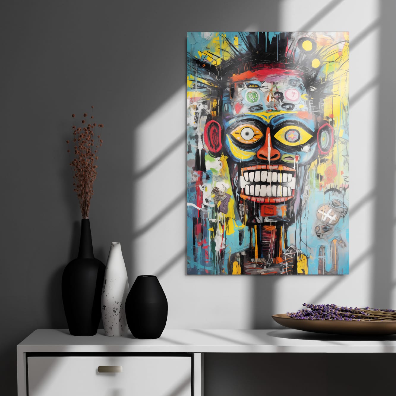 "Tribal Grin" glossy metal poster 20"x30" on modern gray wall above console decor with window-light shadows, colorful abstract graffiti skull portrait with intense eyes, grinning teeth, and high-contrast paint-splatter textures, by GiveMeMood