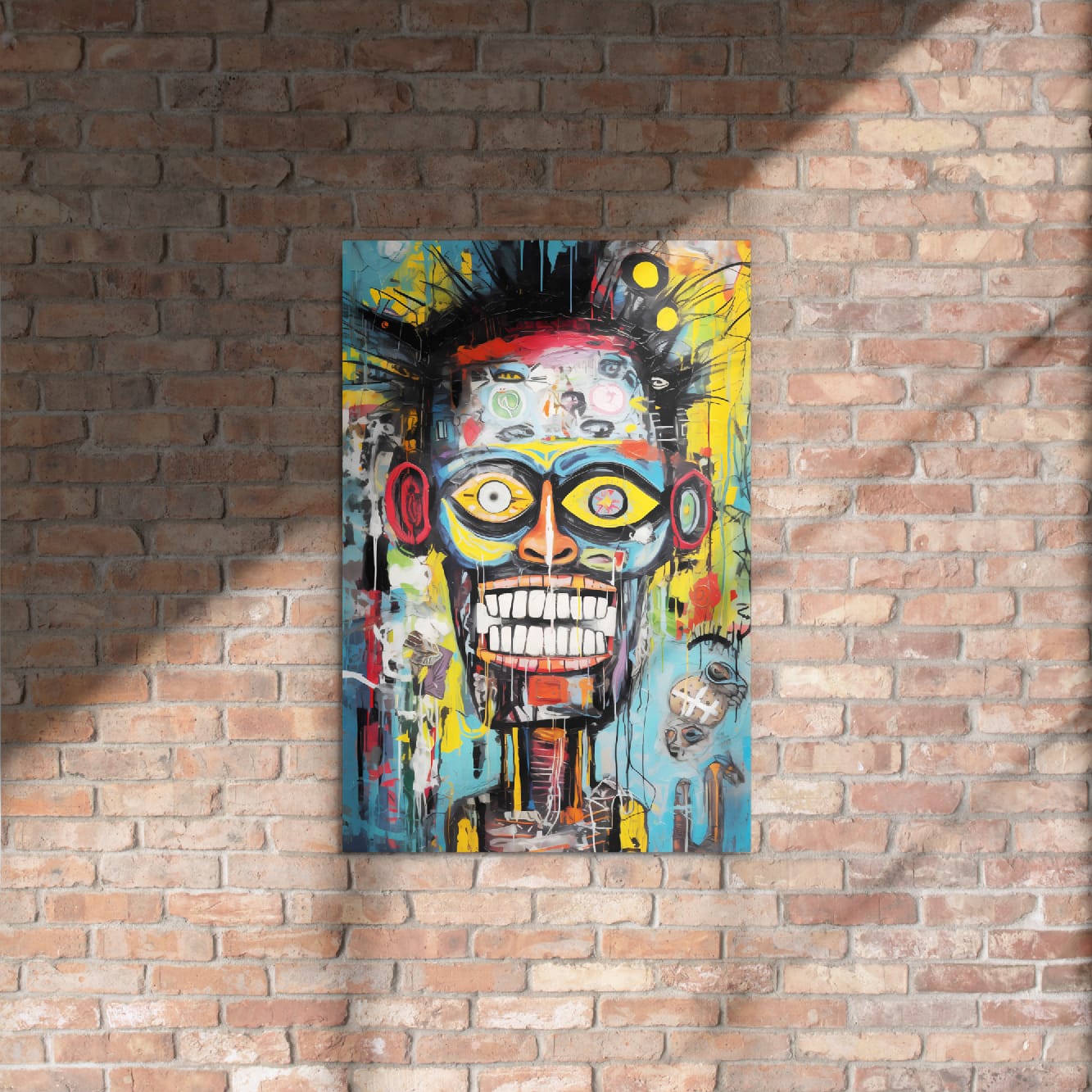 "Tribal Grin" glossy metal poster 20"x30" on rustic brick wall with sun shadows, vibrant graffiti skull/mask wall art featuring teal/blue tones, yellow accents, bold black lines, and dripping urban street-art finish, by GiveMeMood