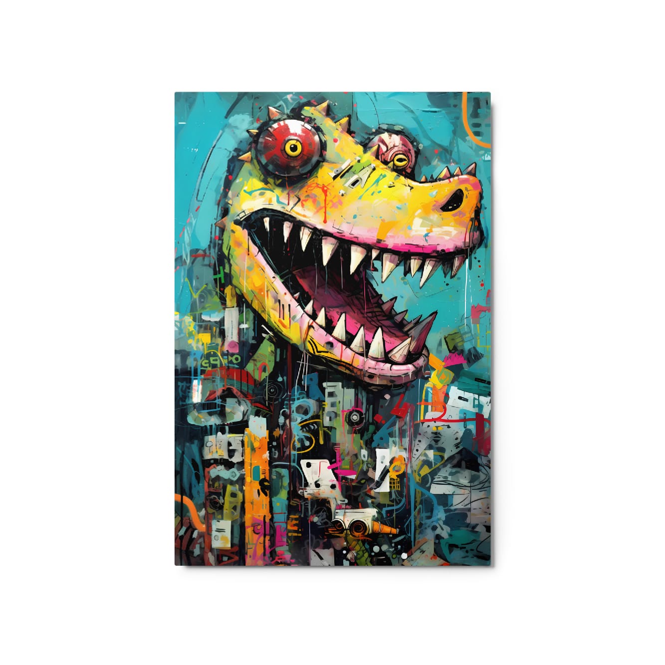 "Grinning Predator" glossy metal poster 20"x30" product photo on white background, close-up graffiti crocodile head with wide toothy grin, spiky texture accents, turquoise backdrop, and colorful street-art splatters, by GiveMeMood