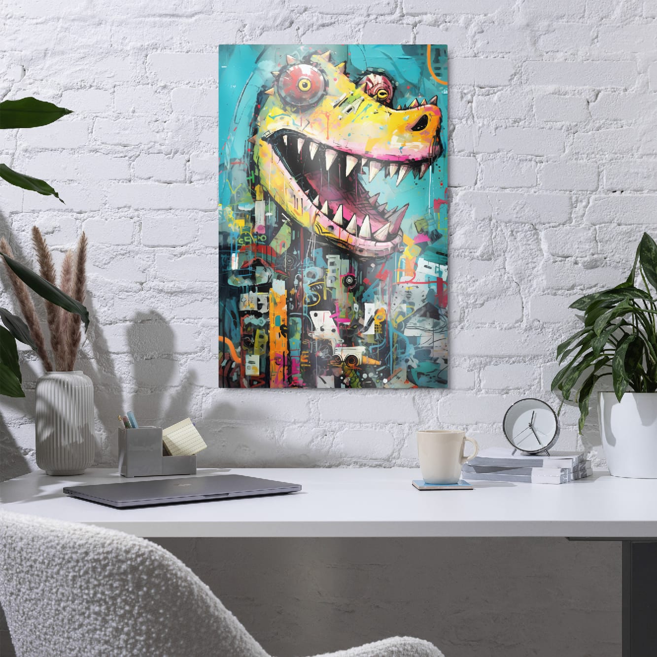 "Grinning Predator" glossy metal poster 20"x30" in a home office above desk on white brick wall, bold crocodile graffiti wall art with teal background, neon paint splashes, jagged teeth, and layered urban collage marks, by GiveMeMood