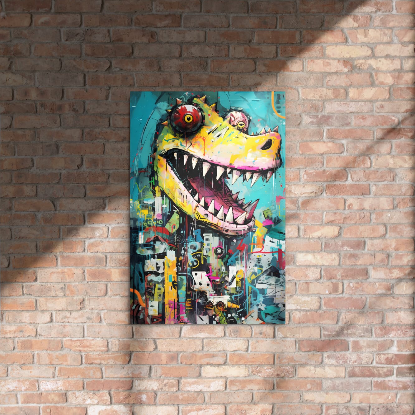 "Grinning Predator" glossy metal poster 20"x30" on rustic brick wall with sun shadows, graffiti crocodile portrait with neon yellow/pink snout, huge sharp teeth, teal background, and urban paint-drip collage details, by GiveMeMood