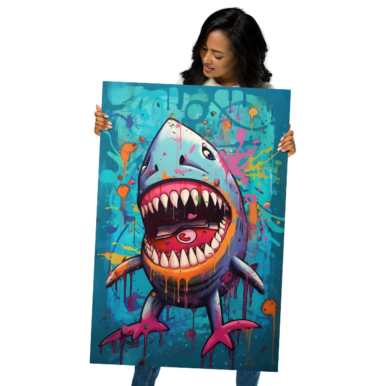 “Neon Bite” — Graffiti Shark Pop Art on Glossy Metal Poster