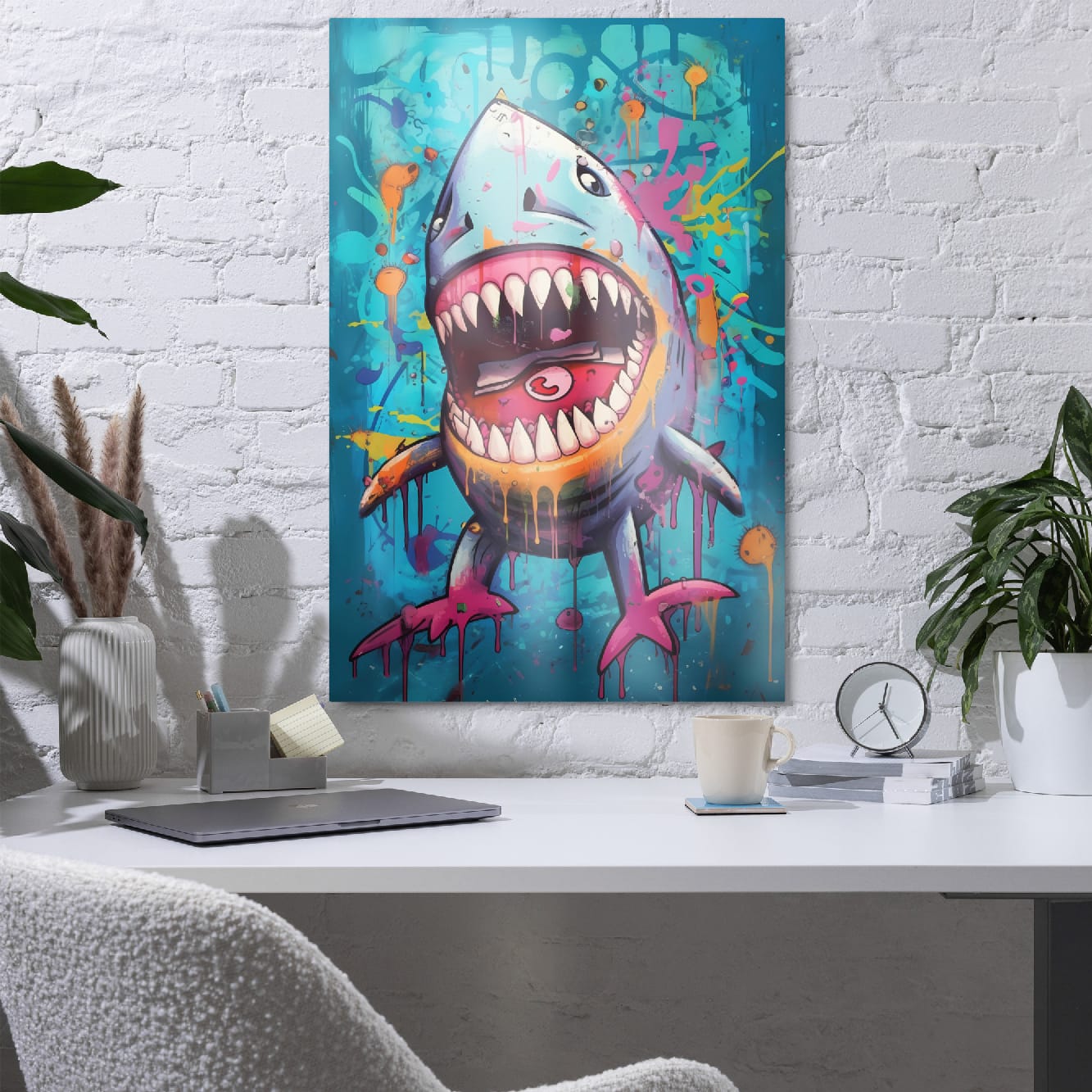 “Neon Bite” — Graffiti Shark Pop Art on Glossy Metal Poster