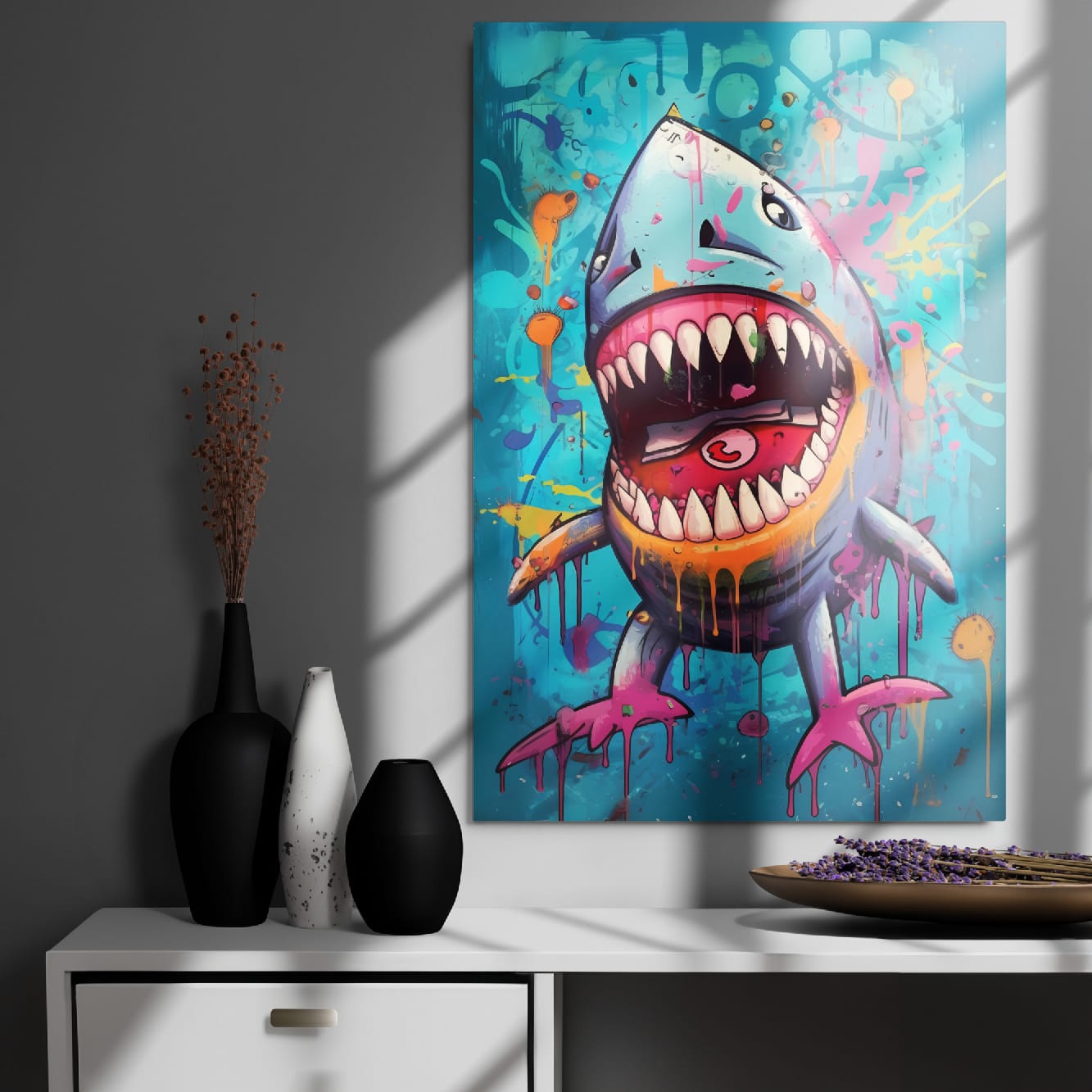 “Neon Bite” — Graffiti Shark Pop Art on Glossy Metal Poster