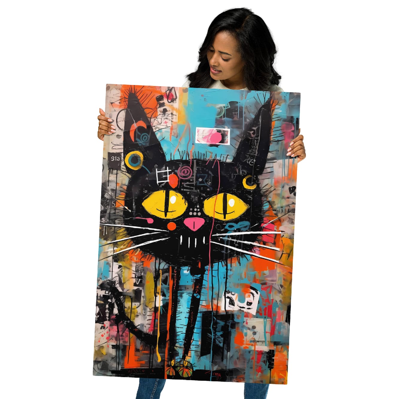 “Yellow-Eyed Stray” — Graffiti Cat Portrait on Glossy Metal Poster