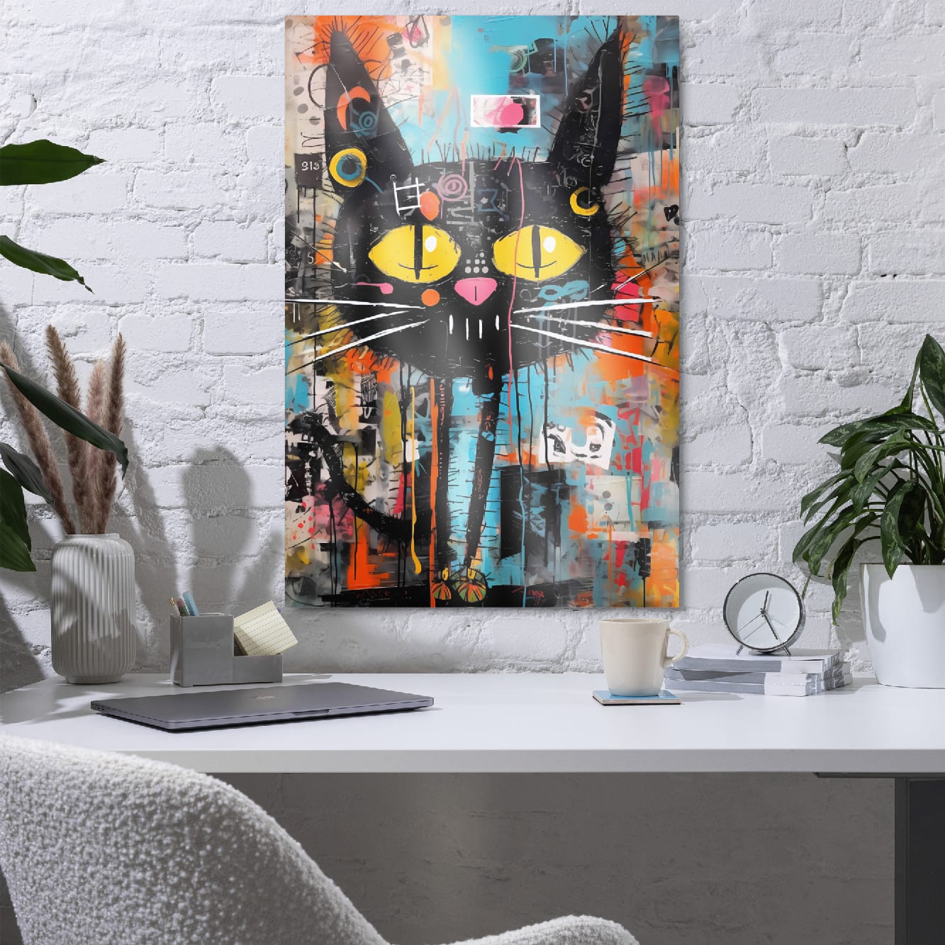 “Yellow-Eyed Stray” — Graffiti Cat Portrait on Glossy Metal Poster