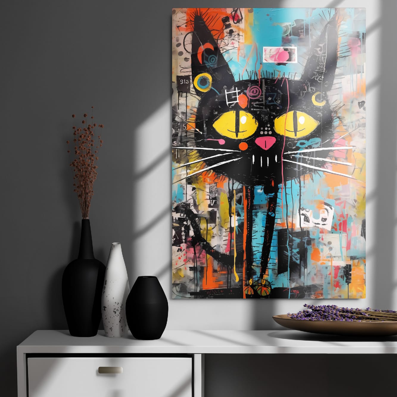 “Yellow-Eyed Stray” — Graffiti Cat Portrait on Glossy Metal Poster