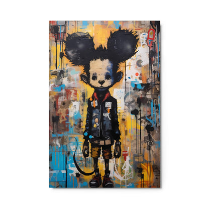 "Back Alley Mouse" glossy metal poster 24"x36" product photo on white background, colorful street-art mouse wall print with bold black outlines, blue-and-yellow graffiti layers, and dripping paint details, by GiveMeMood