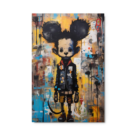 "Back Alley Mouse" glossy metal poster 24"x36" product photo on white background, colorful street-art mouse wall print with bold black outlines, blue-and-yellow graffiti layers, and dripping paint details, by GiveMeMood