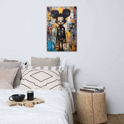 "Back Alley Mouse" glossy metal poster 24"x36" above bed in a modern bedroom, vibrant graffiti mouse wall art with oversized ears, mixed-media collage textures, and bright blue/yellow paint splashes, by GiveMeMood