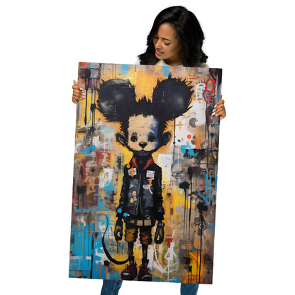 "Back Alley Mouse" glossy metal poster 24"x36" held by model, oversized graffiti mouse pop-art print with bold black lines, red scarf, paint drips, and layered urban collage background, by GiveMeMood