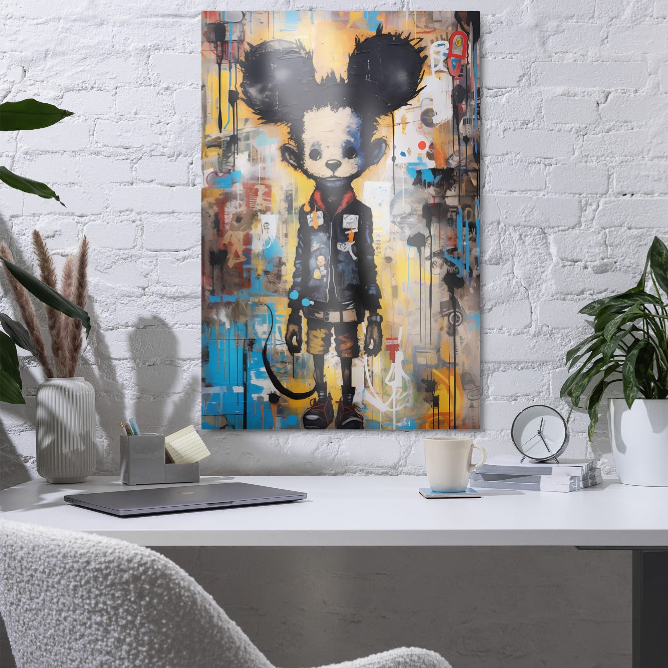 "Back Alley Mouse" glossy metal poster 24"x36" in a home office above desk on white brick wall, colorful street-art mouse portrait with blue/yellow graffiti layers and paint-drip accents, by GiveMeMood