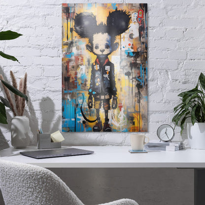 "Back Alley Mouse" glossy metal poster 24"x36" in a home office above desk on white brick wall, colorful street-art mouse portrait with blue/yellow graffiti layers and paint-drip accents, by GiveMeMood
