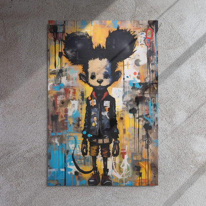 "Back Alley Mouse" glossy metal poster 24"x36" on textured concrete wall with diagonal light shadows, urban graffiti mouse character artwork with bold outlines, blue-and-yellow color blocks, and dripping paint details, by GiveMeMood