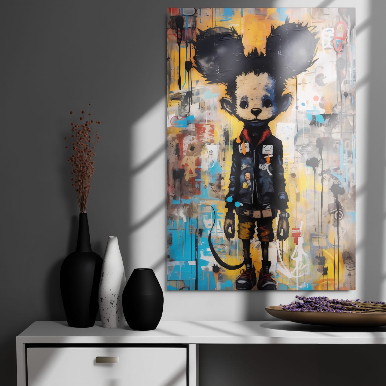 "Back Alley Mouse" glossy metal poster 24"x36" on modern gray wall above console decor with window-light shadows, vibrant graffiti mouse wall art with paint drips and mixed-media collage textures, by GiveMeMood