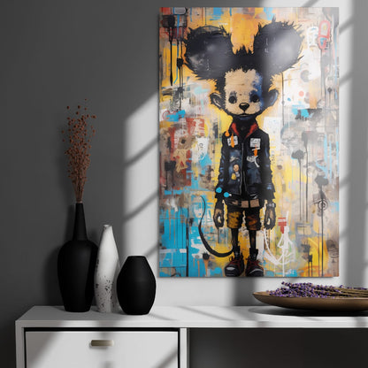 "Back Alley Mouse" glossy metal poster 24"x36" on modern gray wall above console decor with window-light shadows, vibrant graffiti mouse wall art with paint drips and mixed-media collage textures, by GiveMeMood