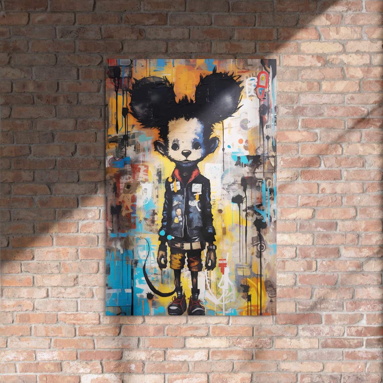 "Back Alley Mouse" glossy metal poster 24"x36" on rustic brick wall with sun shadows, urban graffiti mouse character with oversized ears, black jacket, red scarf, and paint-drip collage background, by GiveMeMood
