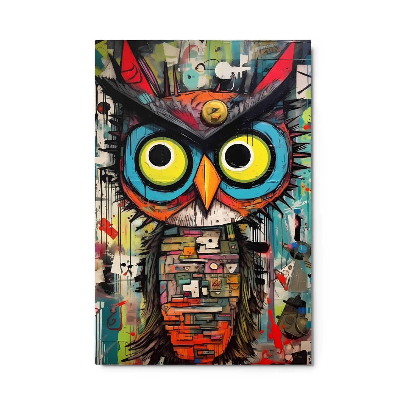 "Neon Sentinel" glossy metal poster 24"x36" product photo on white background, colorful street-art owl portrait with neon eyes, bold black outlines, mixed-media blocks, and dripping paint details, by GiveMeMood
