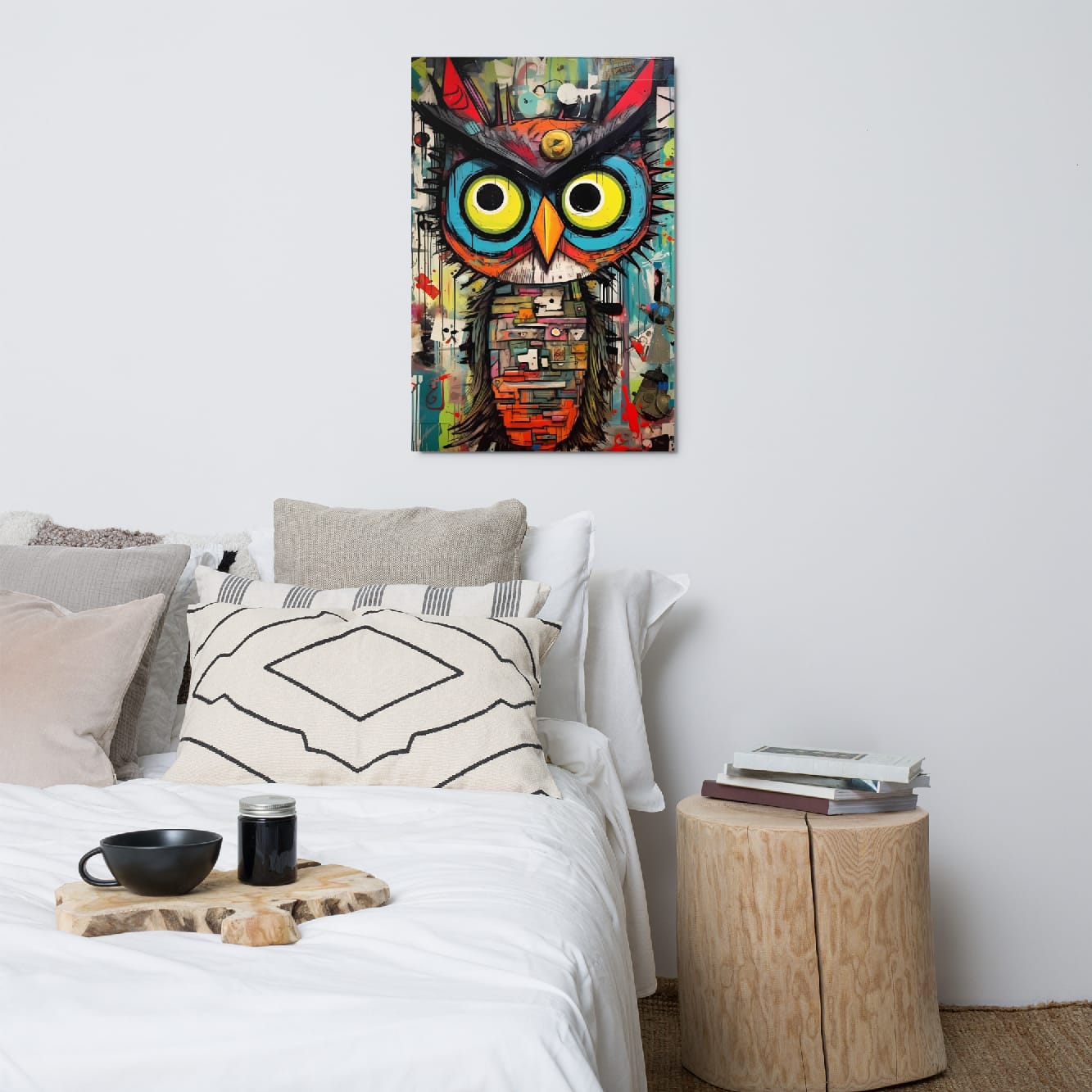 "Neon Sentinel" glossy metal poster 24"x36" above bed in a modern bedroom, statement graffiti owl wall art with bright neon eyes, pop-art color splashes, and layered urban textures, by GiveMeMood