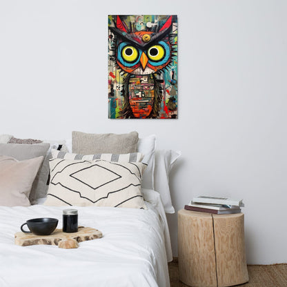 "Neon Sentinel" glossy metal poster 24"x36" above bed in a modern bedroom, statement graffiti owl wall art with bright neon eyes, pop-art color splashes, and layered urban textures, by GiveMeMood