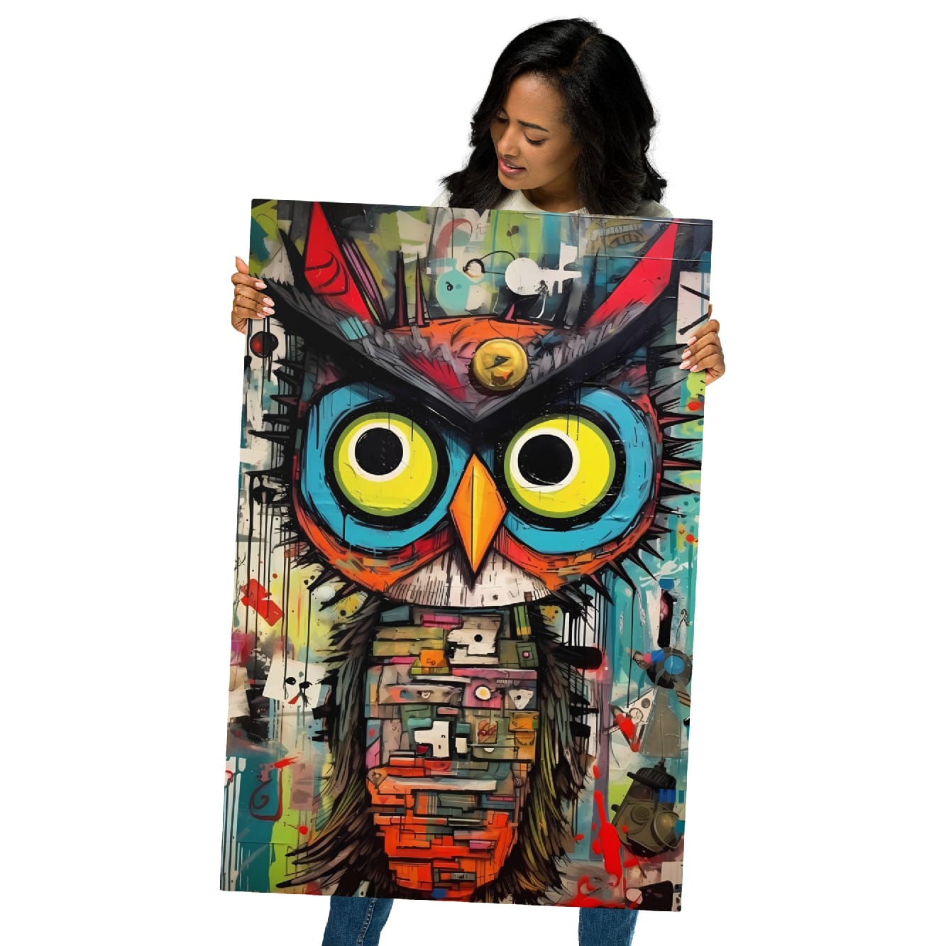 "Neon Sentinel" glossy metal poster 24"x36" held by model, oversized pop-art graffiti owl print with vivid neon yellow eyes, turquoise-blue face, orange beak, and paint-drip accents, by GiveMeMood
