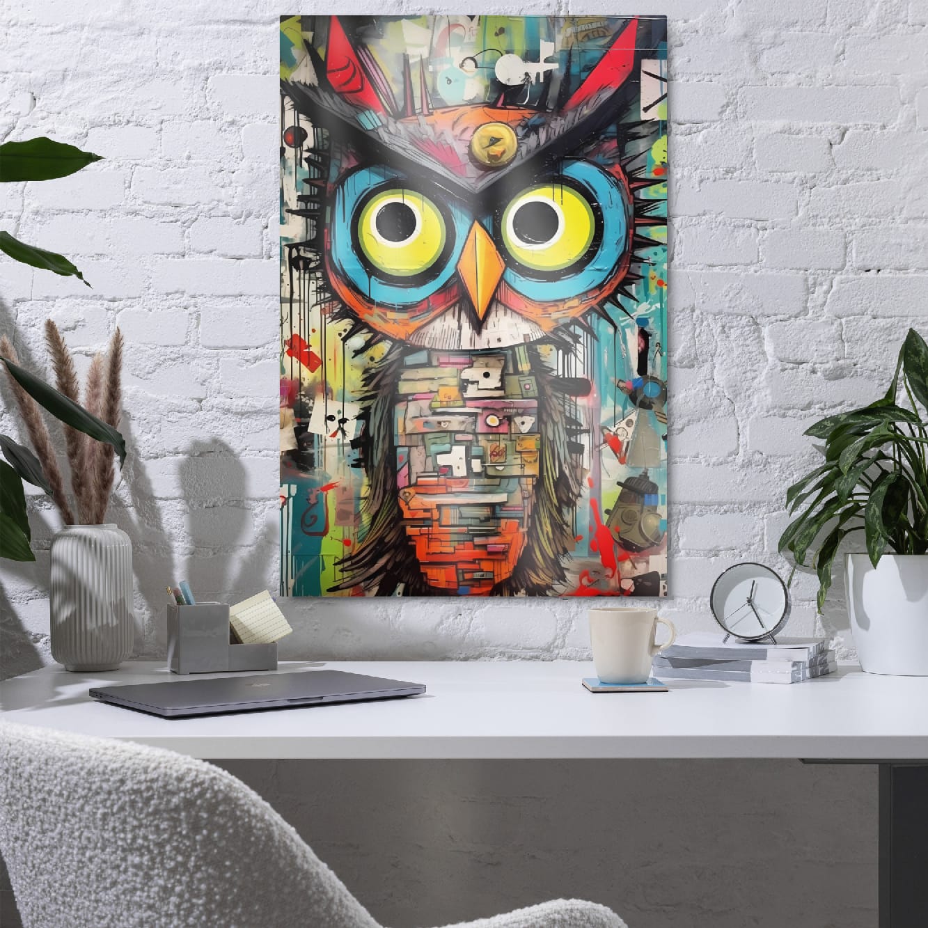 "Neon Sentinel" glossy metal poster 24"x36" in a home office above desk on white brick wall, bold graffiti owl pop art with neon eyes, splattered paint, and collage-style details, by GiveMeMood