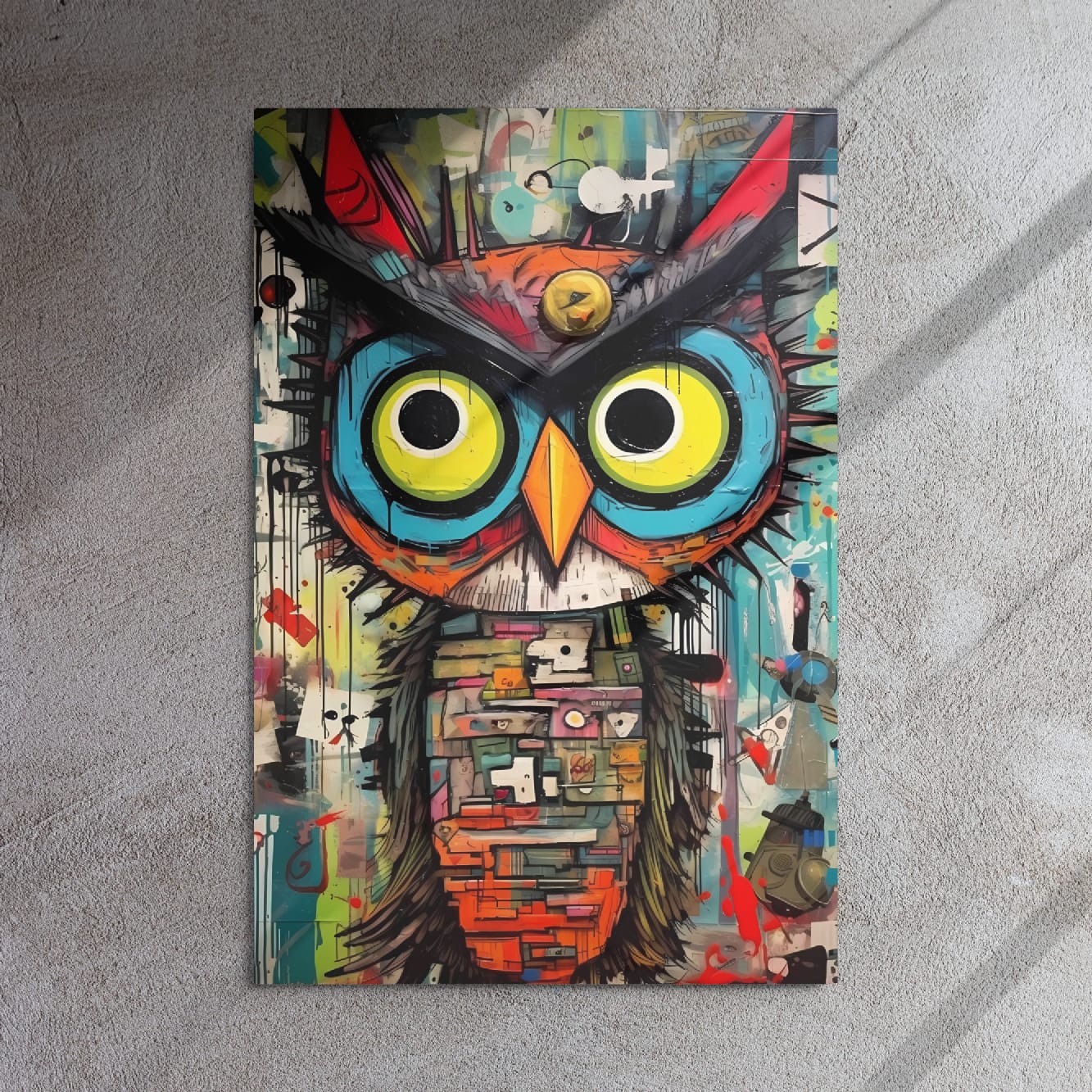 "Neon Sentinel" glossy metal poster 24"x36" on textured concrete wall with diagonal sunlight shadows, vibrant street-art owl artwork with neon eyes, dripping paint, and layered urban color blocks, by GiveMeMood