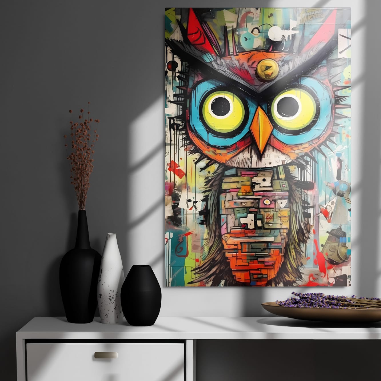 "Neon Sentinel" glossy metal poster 24"x36" on modern gray wall above console decor with window-light shadows, colorful graffiti owl pop art with neon yellow eyes and bold paint-splash accents, by GiveMeMood