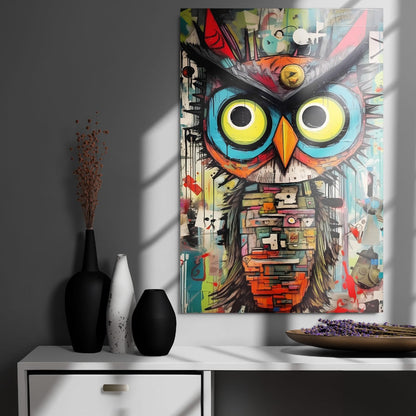 "Neon Sentinel" glossy metal poster 24"x36" on modern gray wall above console decor with window-light shadows, colorful graffiti owl pop art with neon yellow eyes and bold paint-splash accents, by GiveMeMood