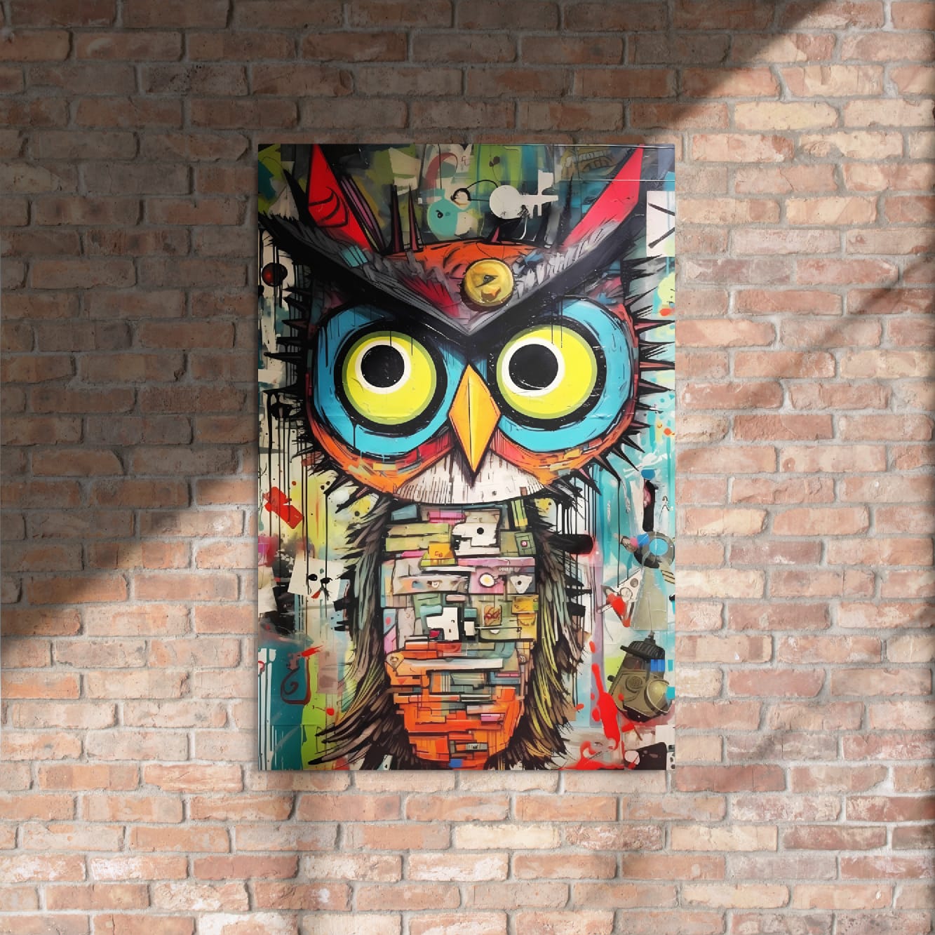 "Neon Sentinel" glossy metal poster 24"x36" on rustic brick wall with sun shadows, vibrant graffiti owl pop art with neon yellow eyes, turquoise face, orange beak, and paint-splatter accents, by GiveMeMood