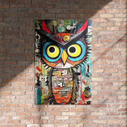 "Neon Sentinel" glossy metal poster 24"x36" on rustic brick wall with sun shadows, vibrant graffiti owl pop art with neon yellow eyes, turquoise face, orange beak, and paint-splatter accents, by GiveMeMood