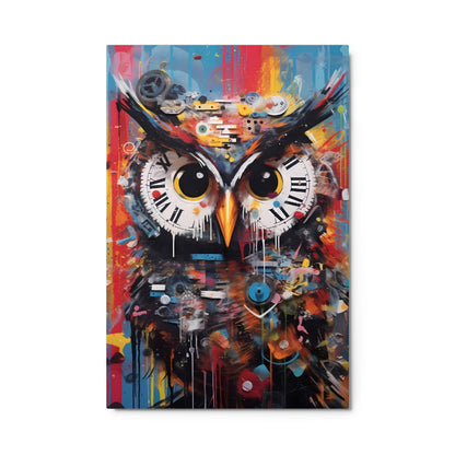 "Timekeeper Owl" glossy metal poster 24"x36" product photo on white background, vibrant graffiti owl portrait with clock dials for eyes, bold reds/blues, and orange beak, by GiveMeMood