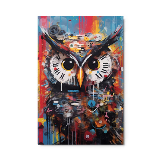 "Timekeeper Owl" glossy metal poster 24"x36" product photo on white background, vibrant graffiti owl portrait with clock dials for eyes, bold reds/blues, and orange beak, by GiveMeMood