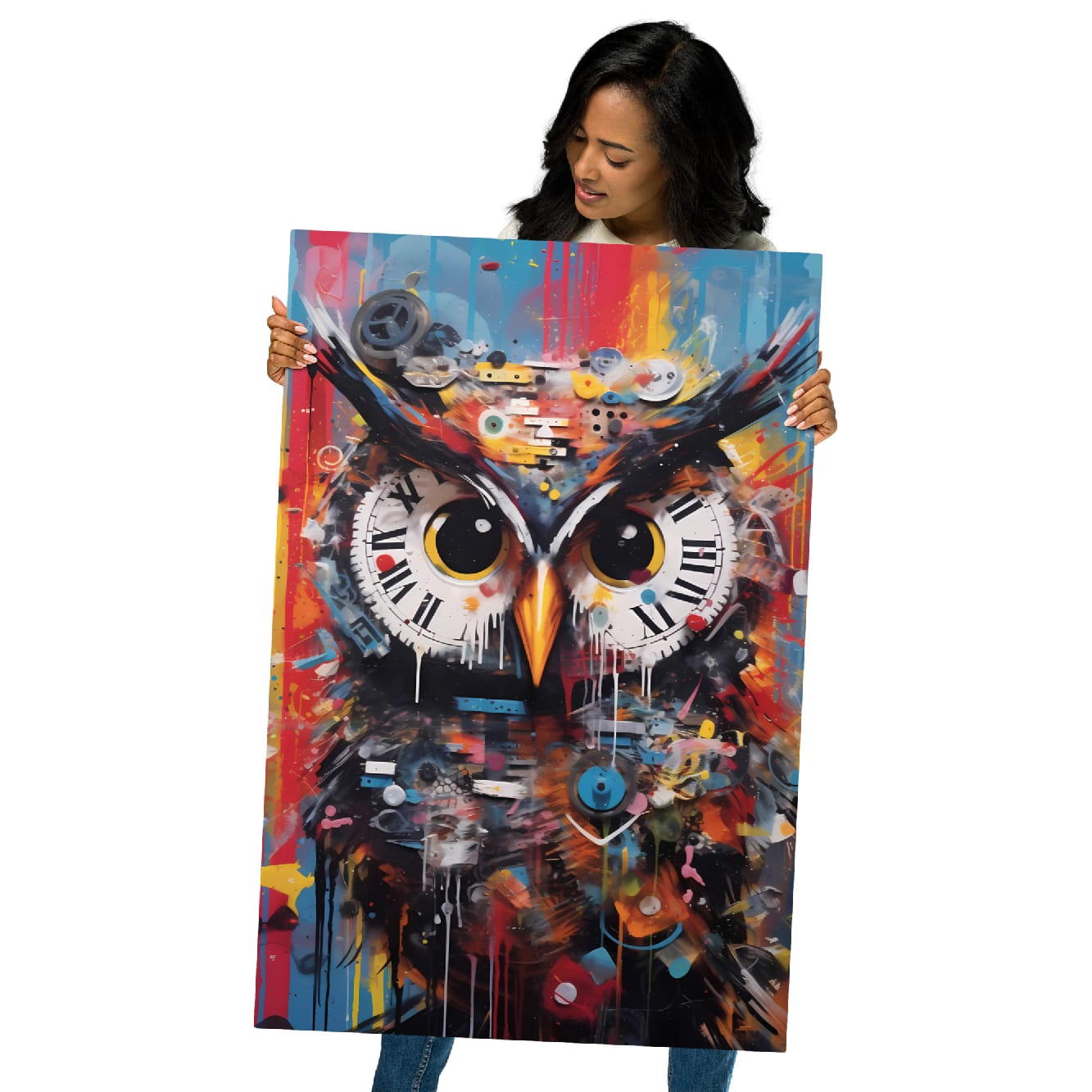 "Timekeeper Owl" glossy metal poster 24"x36" held by model, oversized modern owl print with clock-face eyes, vivid street-art colors, and mixed-media paint drips, by GiveMeMood