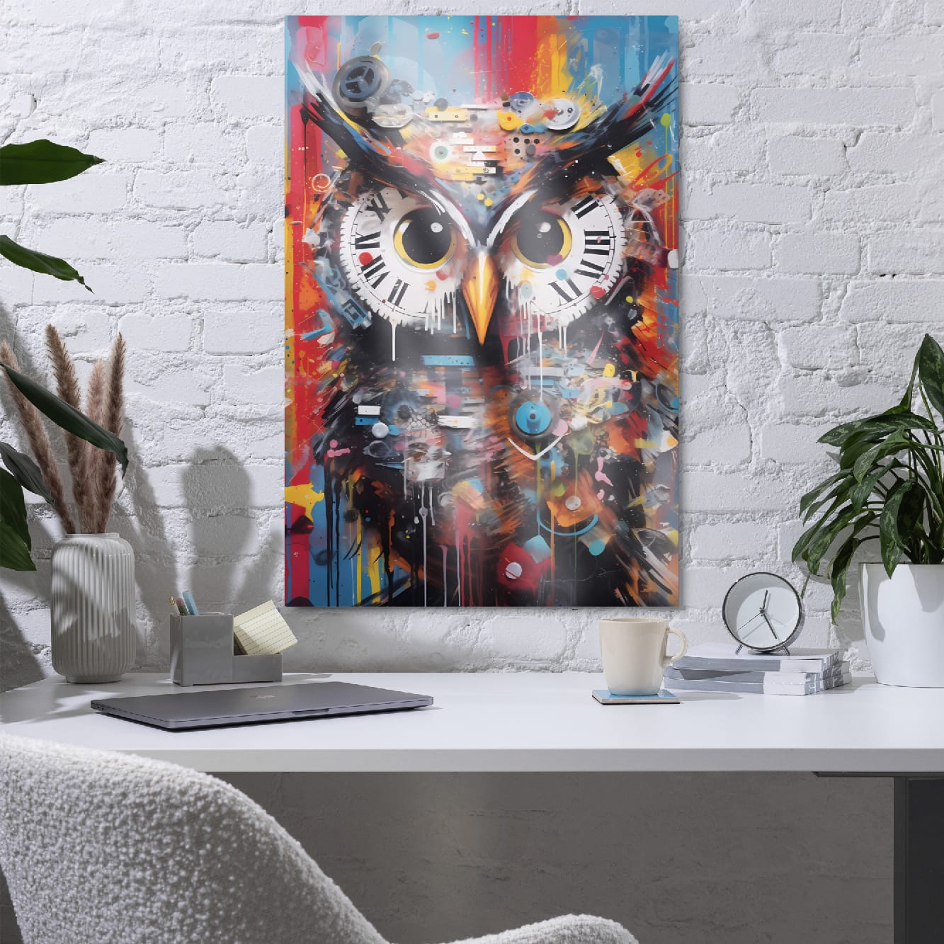 "Timekeeper Owl" glossy metal poster 24"x36" in a modern home office above desk on a white brick wall, clockwork owl art with vintage clock-face eyes and paint-drip textures, by GiveMeMood