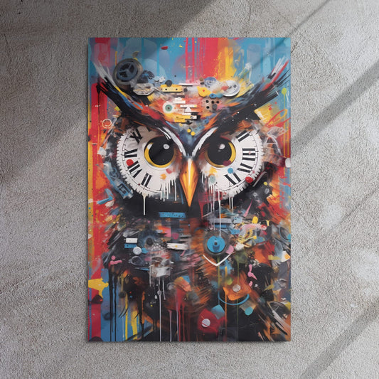 "Timekeeper Owl" glossy metal poster 24"x36" on textured concrete wall with diagonal sun shadows, striking clockwork owl artwork with layered gears, clock dials, and bold color blocks, by GiveMeMood