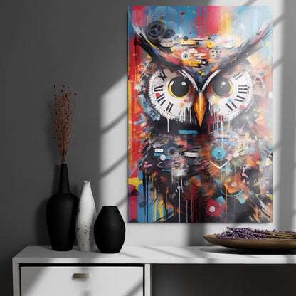 "Timekeeper Owl" glossy metal poster 24"x36" on modern gray wall above console decor with window-light shadows, colorful clockwork owl print with dripping paint and timepiece collage accents, by GiveMeMood