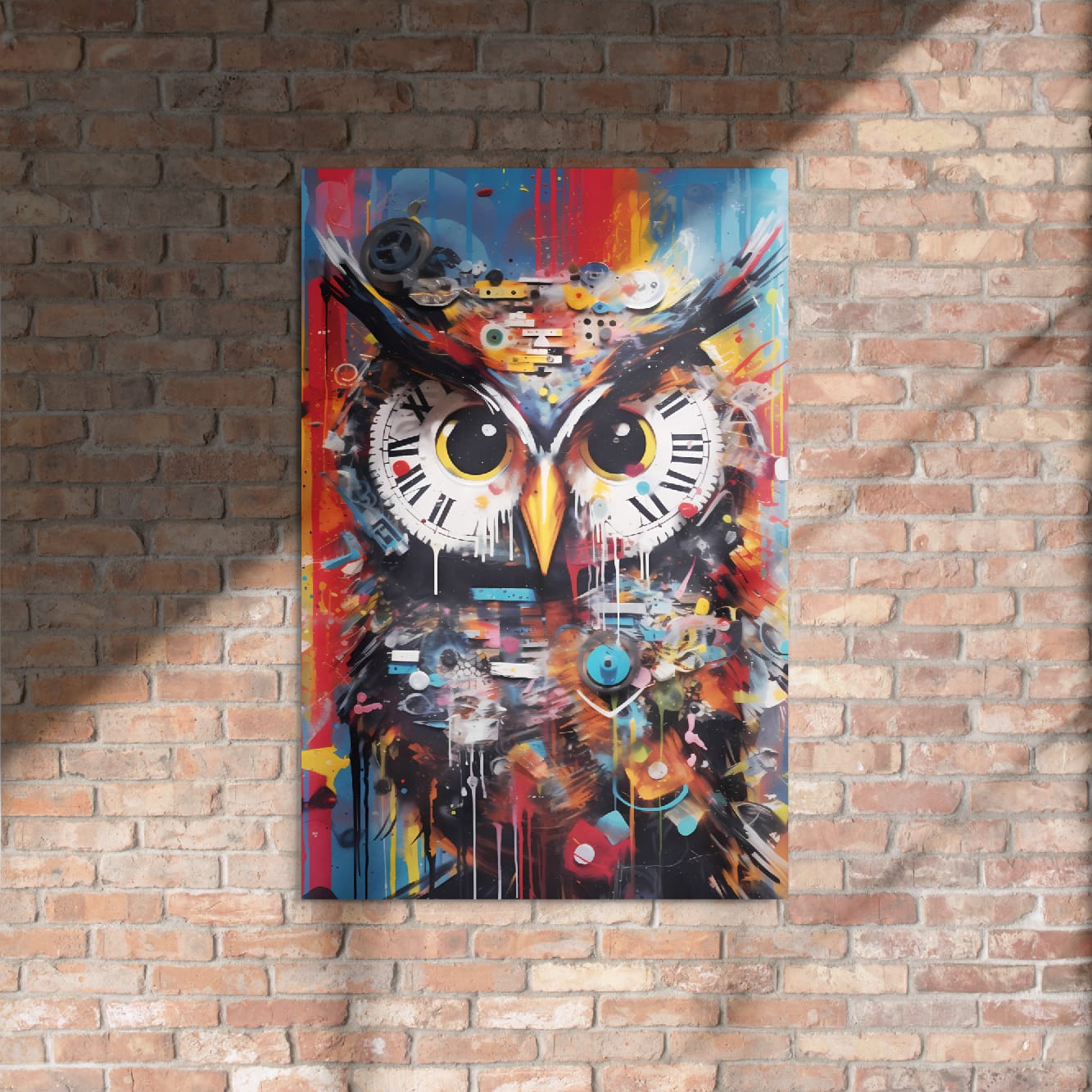 "Timekeeper Owl" glossy metal poster 24"x36" on rustic brick wall with sun shadows, vibrant clockwork owl art featuring vintage clock details, paint splashes, and glowing yellow eyes, by GiveMeMood