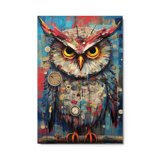 "Timekeeper Owl" glossy metal poster 24"x36" product photo on white background, steampunk-style owl wall art with bright yellow eyes, orange beak, and clockwork collage elements, by GiveMeMood