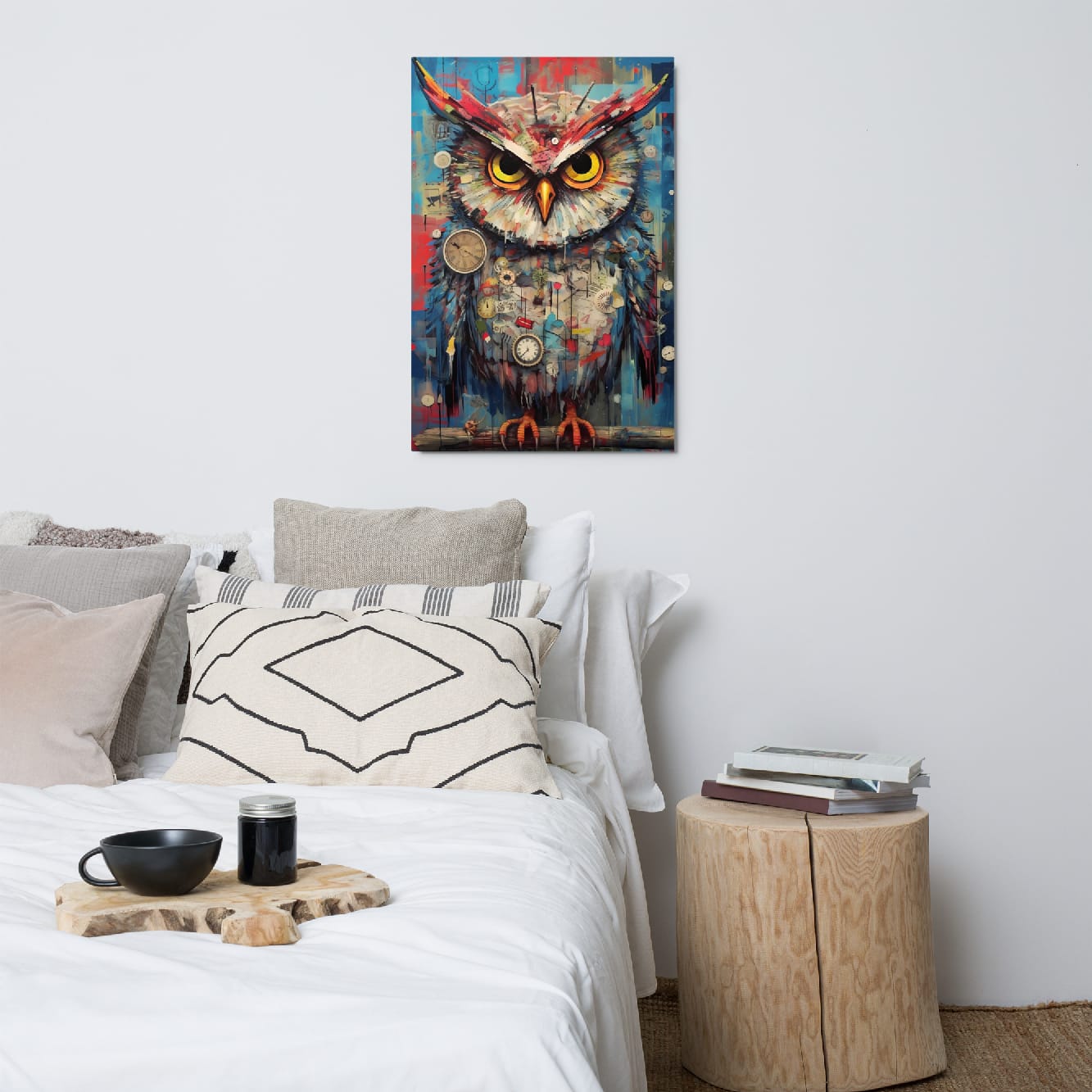 "Timekeeper Owl" glossy metal poster 24"x36" above bed in a modern bedroom, colorful abstract owl artwork with bold blues/reds, bright eyes, and clock collage accents, by GiveMeMood