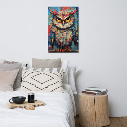 "Timekeeper Owl" glossy metal poster 24"x36" above bed in a modern bedroom, colorful abstract owl artwork with bold blues/reds, bright eyes, and clock collage accents, by GiveMeMood