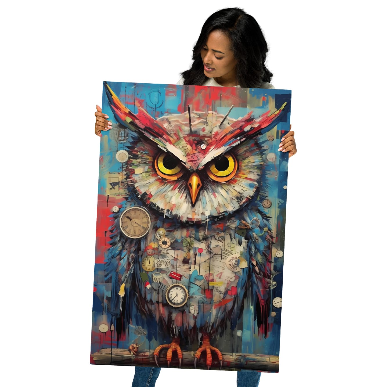 "Timekeeper Owl" glossy metal poster 24"x36" held by model, oversized modern owl print with intense yellow eyes, colorful brush-stroke textures, and clock face details, by GiveMeMood