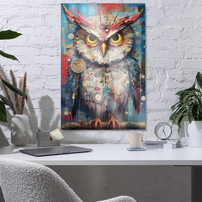 "Timekeeper Owl" glossy metal poster 24"x36" on white brick wall above desk, modern clockwork owl print with dripping paint textures, scattered clocks, and mixed-media layers, by GiveMeMood
