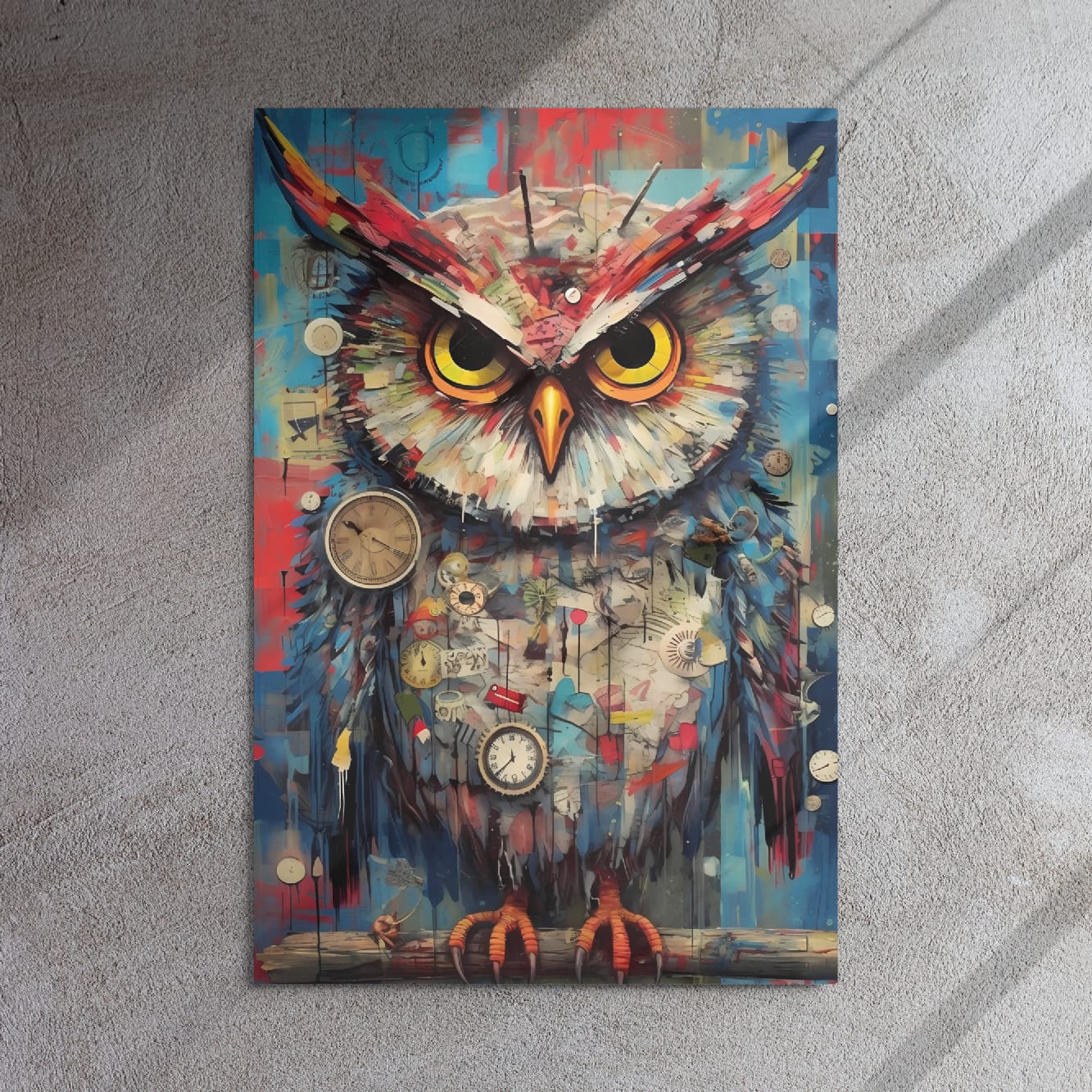 "Timekeeper Owl" glossy metal poster 24"x36" on textured concrete wall with diagonal light shadows, vibrant owl artwork with clocks, gears, paint drips, and bold color blocks, by GiveMeMood