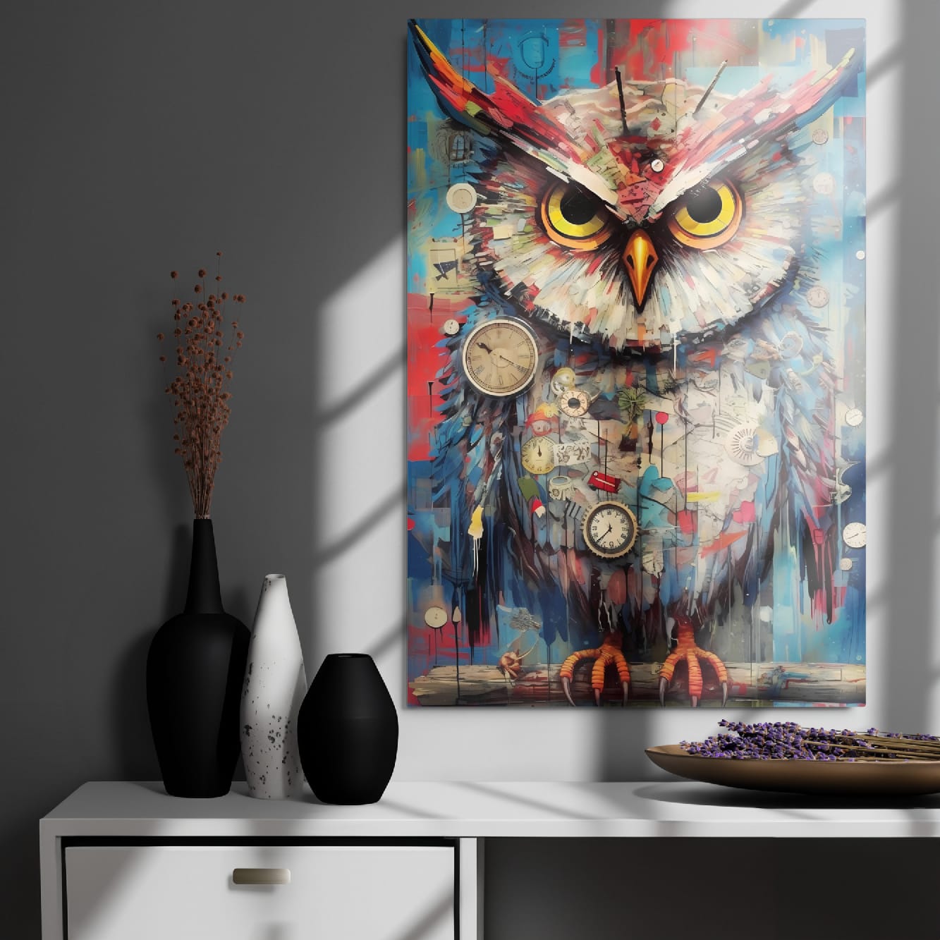 "Timekeeper Owl" glossy metal poster 24"x36" on modern gray wall above console decor with window-light shadows, colorful clockwork owl art with layered collage details, by GiveMeMood
