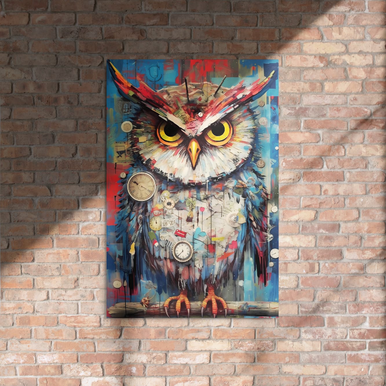 "Timekeeper Owl" glossy metal poster 24"x36" on rustic brick wall with sun shadows, vibrant clockwork owl art with yellow eyes, orange beak, and vintage clock details, by GiveMeMood